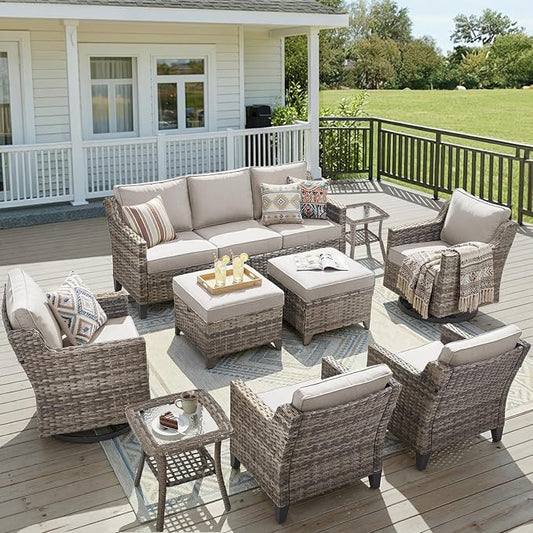 9 Piece Patio Furniture Set-All Weather Outdoor Conversation Sets Sectional Sofa with Wicker Swivel Rocker Patio Chairs, Comfy Cushions Ottomans for Porch Balcony Patio Grey/Beige