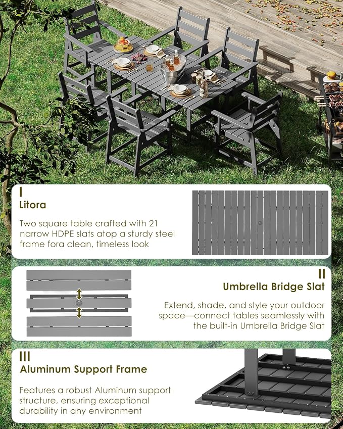 GREENVINES Outdoor-Dining-Table | 75” | HDPE | 2 Connectable Square Tables for 6 | Slatted | All-Weather | Patio Furniture | for Poolside Backyard Garden | Grey
