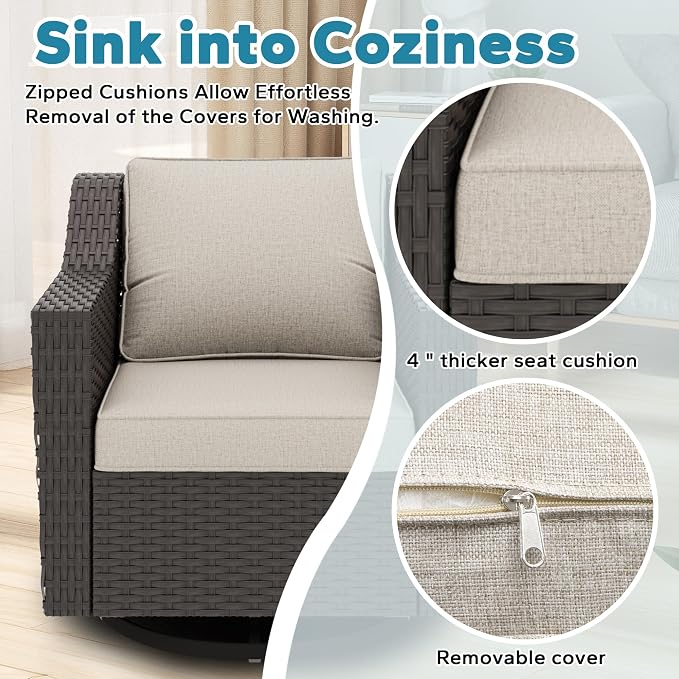 11 Pieces Patio Conversation Furniture Set - 1 Sofa, 2 Ottoman, 2 Armchairs, 4 Swivel Chairs, 2 Side Tables, Outdoor Wicker Furniture with Removable Cushions for Porch, Sunroom (Beige)