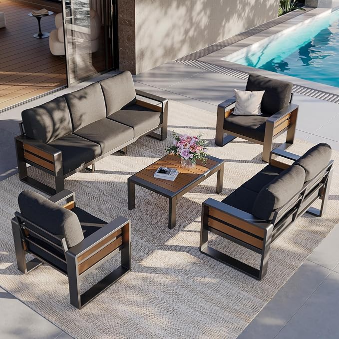 Aoxun Aluminum Patio Furniture Set, 7 Seats Luxury Metal Patio Furniture with Coffee Table, Thick Cushions and Waterproof Cover, Modern Outside Sectional Set for Backyard/Garden/Poolside, Dark Grey