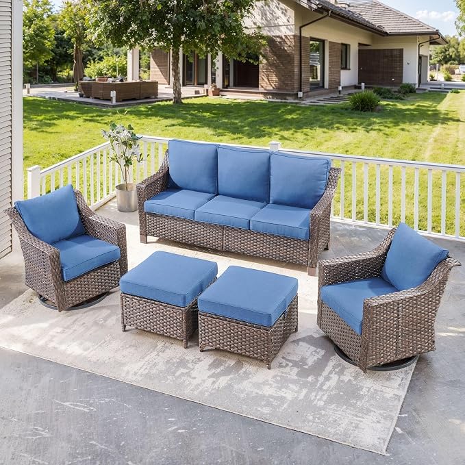 5 Pieces Patio Conversation Sets-Outdoor Furniture All Weather Wicker Couch with Swivel Glider Chair Patio Conversation Set for Porch Garden Backyard Poolside-Blue Cushion