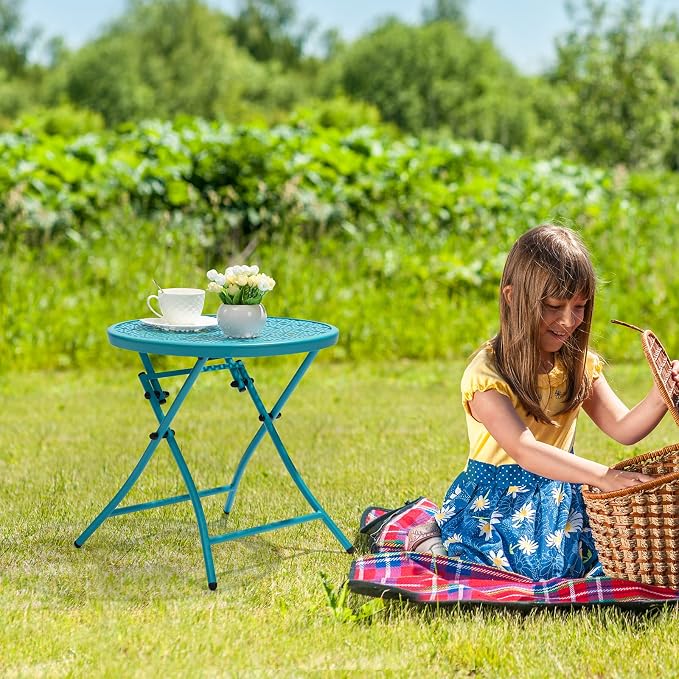 TeoKJ Folding Outdoor Side Tables, Anti Rust Small Patio Table Round Metal Nightstand with Flower Cutouts for Porch Yard Balcony Deck Lawn, Blue