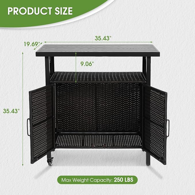 HOMEFUN Outdoor Bar Table Featuring Storage Cabinet: Wheeled Patio Serving Carts, Wicker Grill Cart Prep Station & Rolling Kitchen Island for Patio, Backyard and Outside Use, in Black