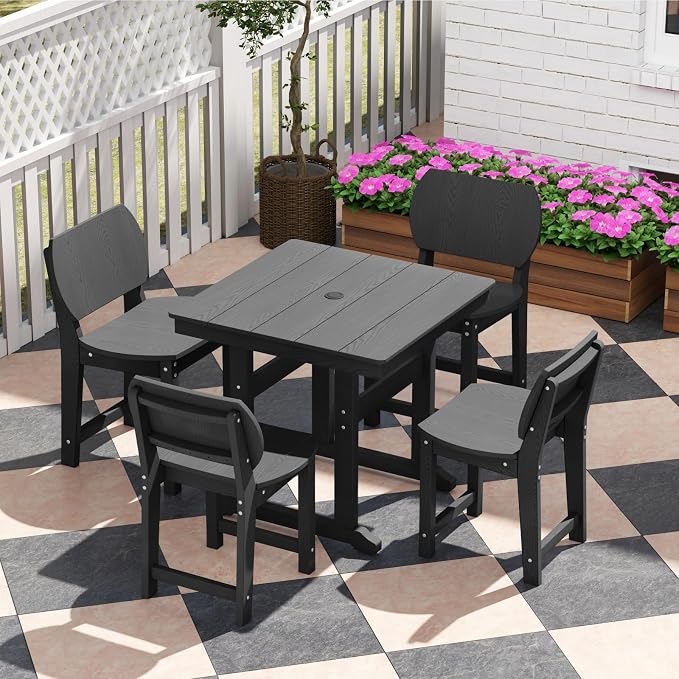 5-Piece HDPE Outdoor Dining Set, Weatherproof Patio Table and Chairs Set for 4, Includes 1 Square Table and 6 Armless Chairs, with Umbrella Hole (Black)