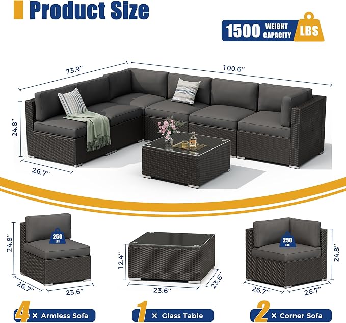 Betterland 7 Piece Outdoor Sectional Sofa Patio Furniture Set, All-Weather PE Rattan Wicker Patio Conversation Set with Washable Cushion, Glass Table and Waterproof Cover(Grey)