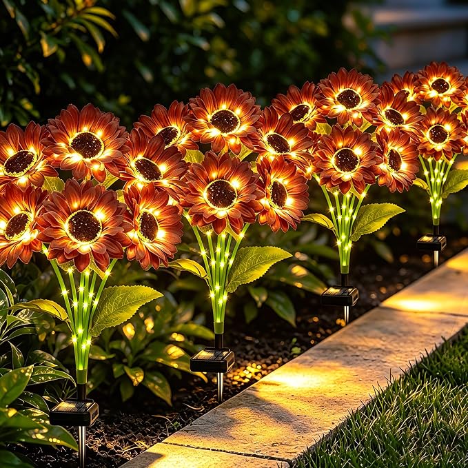 MRHEPHAESTUS Solar Garden Lights Outdoor, 4 Pack Solar Brown Sunflower Lights with 18 Head 3.5 Inch Flowers, Waterproof Flowers Light Fall Decor Auto ON/Off for Garden Yard Patio, Gifts for Mom Women