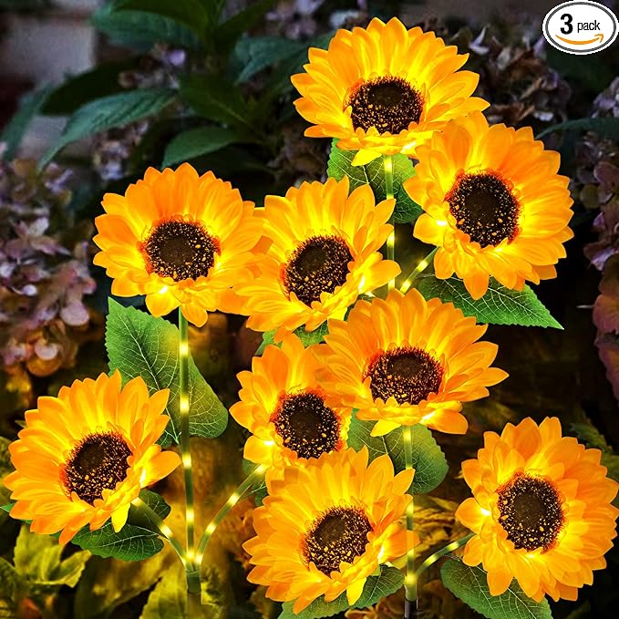 KOOPER Solar Lights Outdoor Garden Decor - Upgraded 3 Pack Solar Garden Lights with 9 Bigger Sunflower Lights, Solar Flowers Outdoor Waterproof for Flower Bed Yard Decor, Gift for Women Mom Grandma