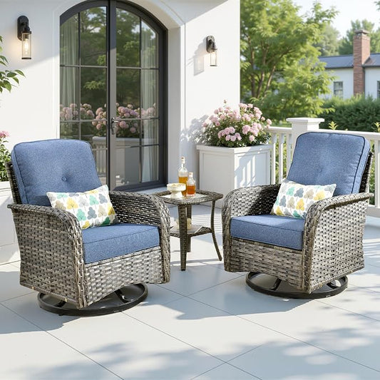 3 Pieces Patio Furniture Set, High Back Outdoor Swivel Rocker Chairs, Wicker Outdoor Furniture with Swivel Rocking Chairs and Side Table for Porch, Backyard, Balcony, Denim Blue