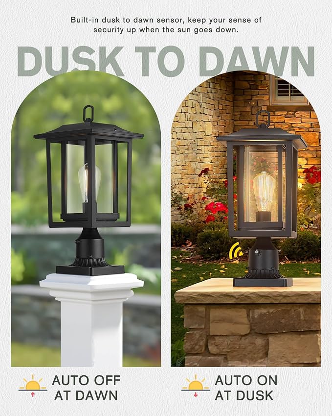Beionxii 19Inch Dusk to Dawn Outdoor Post Lights,Lamp Post Light Fixture | Waterproof with Pier Mount Base,Anti-Rust Aluminum Lamp Posts Outdoor Lighting for Garden,Patio,Hardwired 120V,A197P-2PK/BS-N