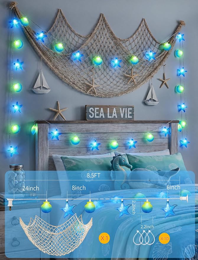 8.5Ft Beach Themed Seashell String Lights, 10 LED Starfish Lights Plug in | 1 Pack Fish Net, Connectable, Hanging Patio Lights UL Listed for Bedroo, Party, Holiday Decor, Indoor Outdoor, ,Wedding