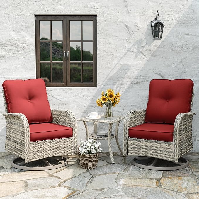 6-Piece Patio Rocking Swivel Chair Outdoor Gliders Wicker Rattan Bistro Set with Tempered Glass Side Table, Outdoor Patio Furniture Set for Garden, Deck, and Balcony, Red