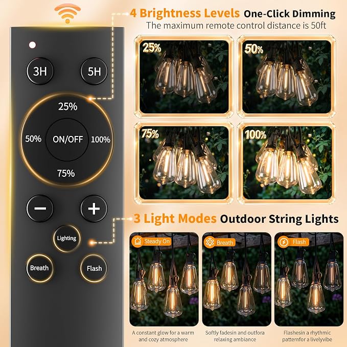 Hotsonic Solar Outdoor String Lights Waterproof, 50FT Remote Control LED Outside Lights with Shatterproof Bulbs, Dimmable Hanging Lights for Patio Porch Garden pergola Yard House Bistro Party decors ﻿