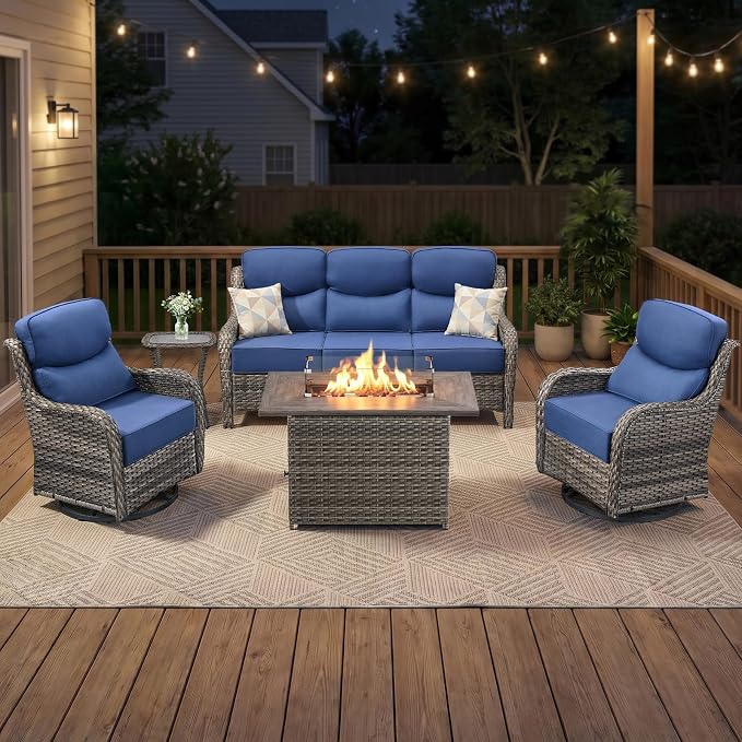 Luxury Swivel Rocker Chairs Fire Pit Table Set with 6" Thick Cushion 5 piece Wicker Outdoor Patio Chair with Sofa,Comfortable High Back Outdoor Patio Furniture Set - Gery | Blue