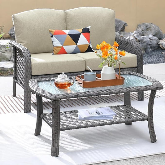ovios 2-Piece Patio Furniture Set, Outdoor Wicker Sofa with Coffee Table, High Back Rattan Couch Loveseat with Comfy Cushions for Porch Yard Deck, Beige