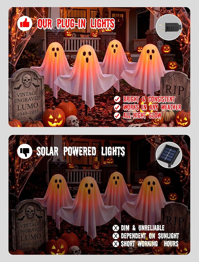 11.5FT Halloween Ghost Pathway Lights Outdoor, 4 Pack Hanging Porch lights | Adjustable Arms，Shatterproof, Waterproof, Plug in Halloween Decorations Outdoor for Lawn Driveway Garden Yard Decor