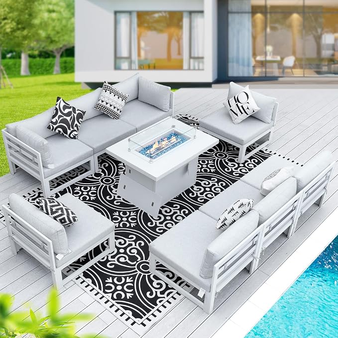 BULEXYARD 9 Piece Luxury Aluminum Outdoor Sectional Sofa with Fire Pit Table, Extra Large L Shaped Patio Furniture Set, 29" Deep Wide Seating, Comfortable Durable Conversation Set for 500 lbs, White