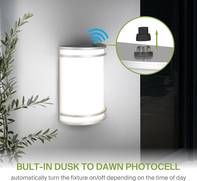 ASD 10 Inch Dusk to Dawn LED Outdoor Sconce Lights - 15W 120-277V 3000K-5000K Nickel Exterior Lighting Fixtures, Exterior Lights for House, Photocell Patio Wall Light Fixture ETL