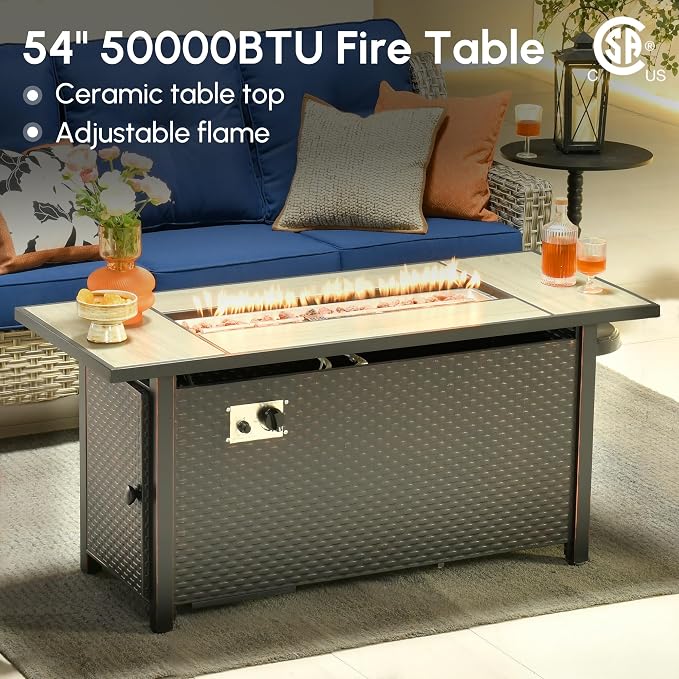 9 Pcs Outdoor Sectional Patio Furniture Set with Fire Pit Table and Swivel Rocking Chairs - All Weather Wicker Modular Outside Sectional Couch,Patio Seating Outdoor Conversation Sets,Navy Blue