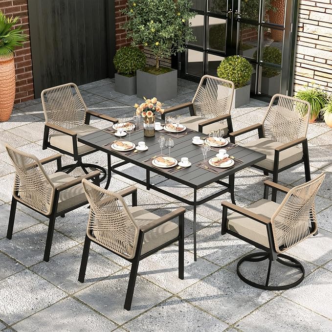 MIXPATIO 7 Pieces Outdoor Patio Dining Set, Rectangular Metal Patio Table with Umbrella Hole, 2 Swivel and 4 Fixed Chairs with 3.2" Cushion for Yard, Porch, Beige