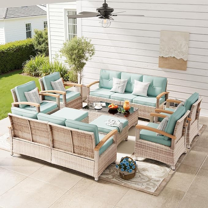 MEISSALIVVE 10 Pieces Outdoor Patio Furniture Sets, Wicker Patio Conversation Sets with 2 Wood Armrests Swivel Glide Chairs,2 Single Chairs, Outdoor Couch and Coffee Table(Blue)