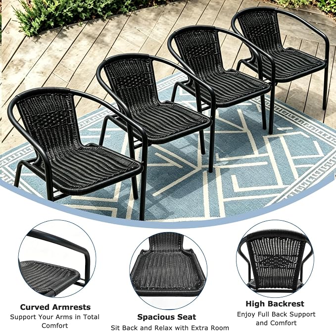 5 Piece Patio Dining Set with Black Outdoor Metal Table & 4 Hand-Woven PE Rattan Stackable Chairs for Backyard Garden Poolside, Black Chairs