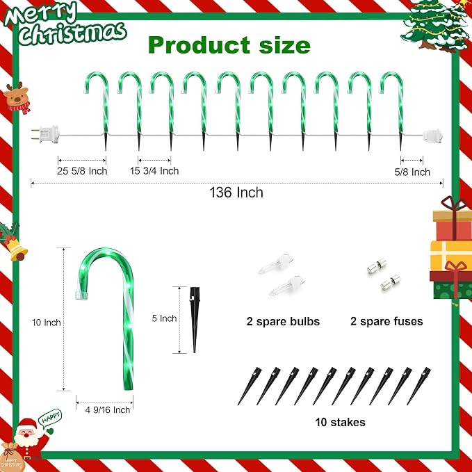 VCOKEN 10'' Christmas Candy Cane Pathway Markers Lights - Set of 10 Christmas Stakes Lights Outdoor Pathway Decorations, Connectable & Light Up Xmas Holiday Party Yard Indoor Outdoor Ornament, Green