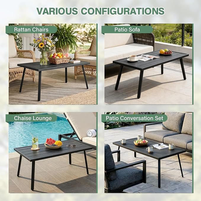 COOS BAY Urban Oasis Metal Patio Table, Small Rectangle Coffee Table, Weather-Resistant Modern Outdoor Furniture, Black