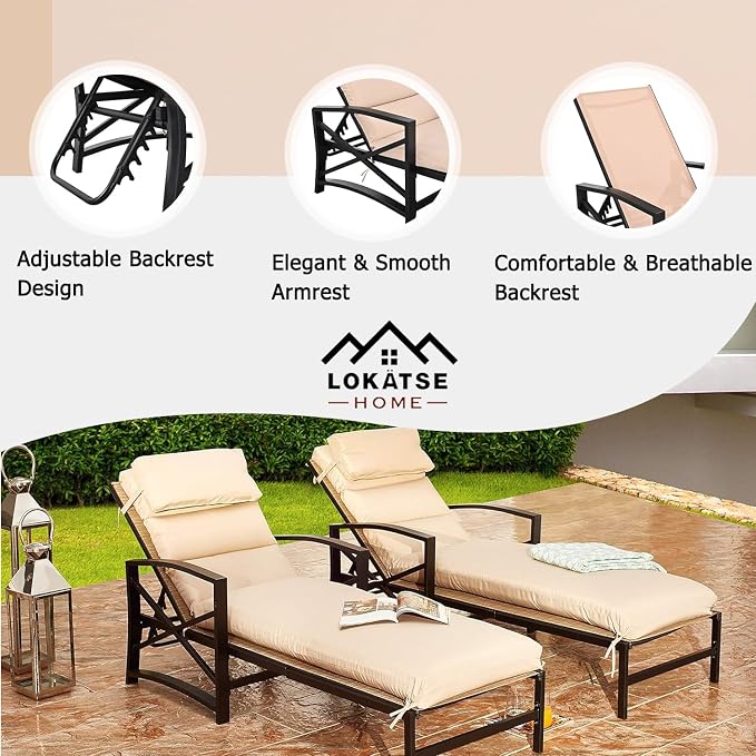 LOKATSE Home Patio Chaise Lounge Chairs Set of 4 Outdoor Teslin Furniture Reclining Adjustable with Cushion and Soft Pillow for Pool,Deck,Yard