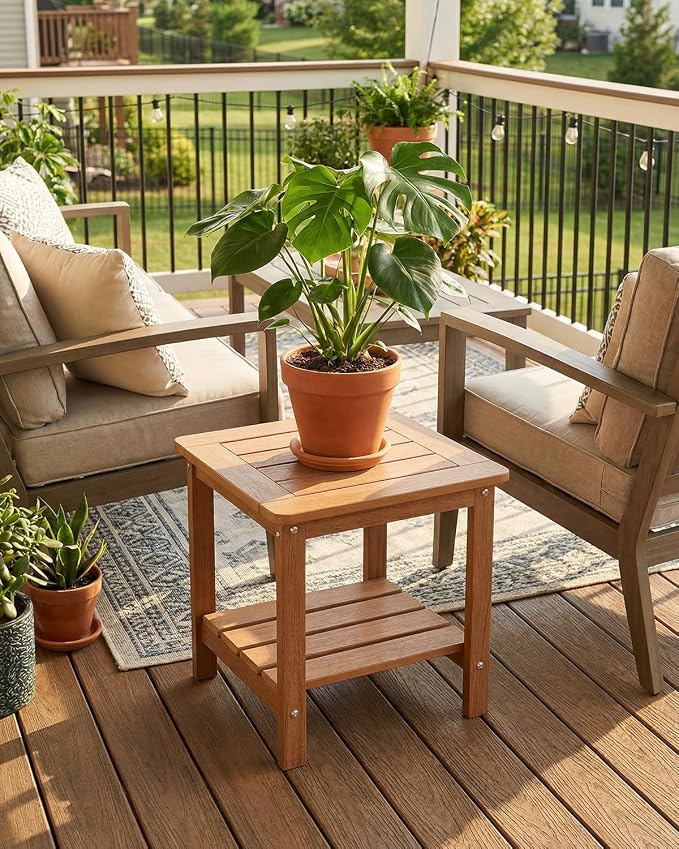 Kibaso-Adirondack Outdoor Side Table, 2-Tier HDPE Outdoor End Table, Weather Resistant Easy Maintenance, Small Patio Side Table for Patio, Pool, Porch, Garden, Lawn, and Living Room (1, Rustic Teak)