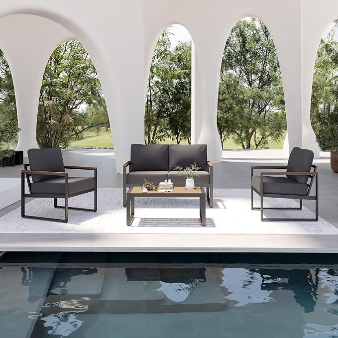Aoxun 4 Piece Patio Furniture Set, Outdoor Patio Furniture with Thick Cushions, Modern Metal Outdoor Conversation Sets with Coffee Table for Porch, Balcony, Deck Dark Grey