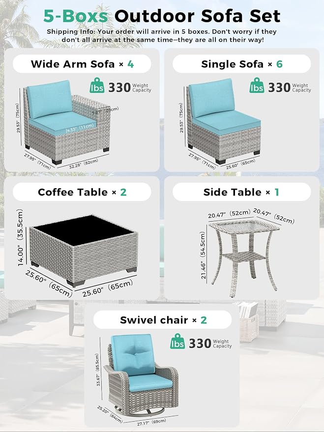15 Piece Outdoor Wicker Sectional Sofa Set with Swivel Chairs, 12-Seats Conversation Set with 4" Thickened Cushions & Coffee Table, All-Weather PE Rattan for Garden, Backyard, Porch, Turquoise