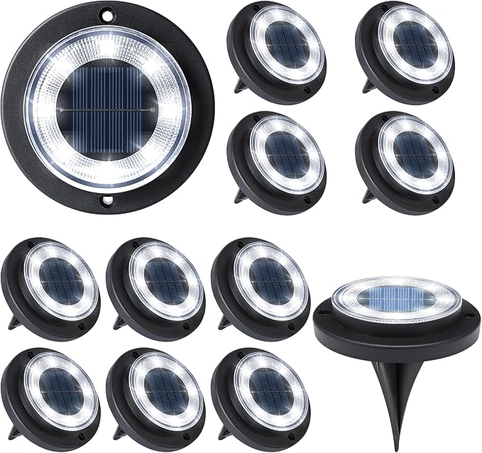Solar Lights Outdoor Waterproof，Cool White 12 Pack 2-in-1 Ground Lights | Solar Powered Lights Outdoor Solar Disk Light Landscape Light for Deck Step Patio Yard Pathway Walkway Driveway Garden