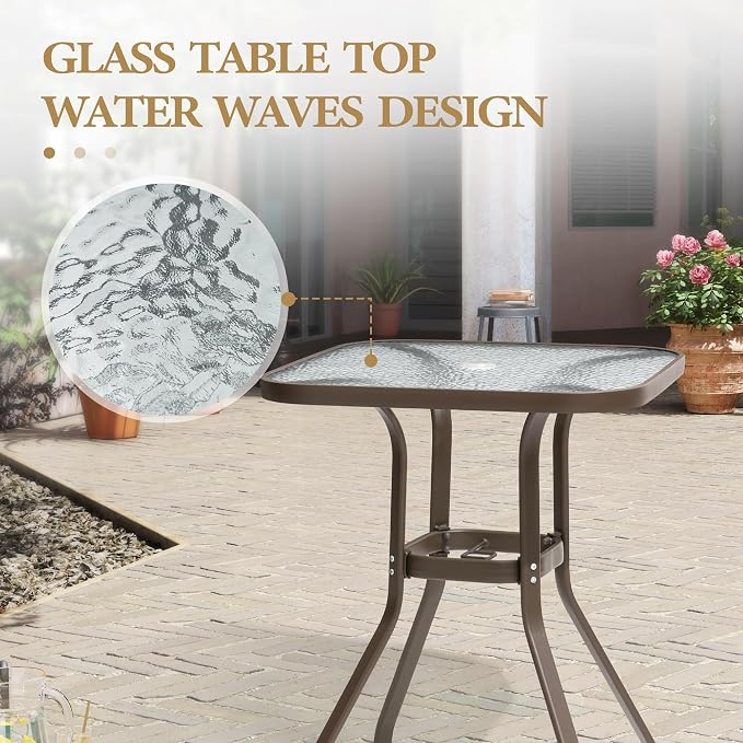 Crestlive Products Outdoor Bar Table with Umbrella Hole, Patio Dining Bistro Table with Aluminum Frame Tempered Glass Top, Outside Banquet Furniture for Garden, Pool, Deck, Lawn (Brown)