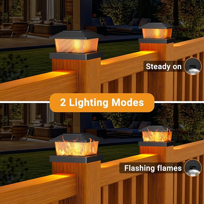btfarm 4x4 Solar Flame Post Cap Lights Outdoor, 2 Pack Flickering Flame Deck Fence Post Lights, Waterproof Solar Powered Lighting Outside Fit 4x4 3.5x3.5 Wooden/Vinyl for Porch Patio Garden, Black Cap