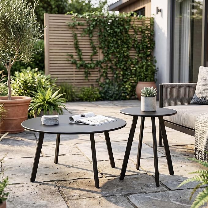 HRVEOCEI Black Round Nesting Coffee Table Set of 2, 2 PCS Small Outdoor Nesting Tables with LED Light for Living Room, Metal Side Table Set for Balcony Patio (70 Inch)