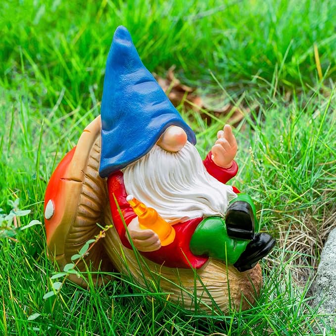 Middle Finger Gnome Statue Naughty Garden Gnomes Funny Drunk Gnome on Mushroom Indoor Outdoor Summer Decoration for Yard Lawn Home Christmas Birthday Gag Gift