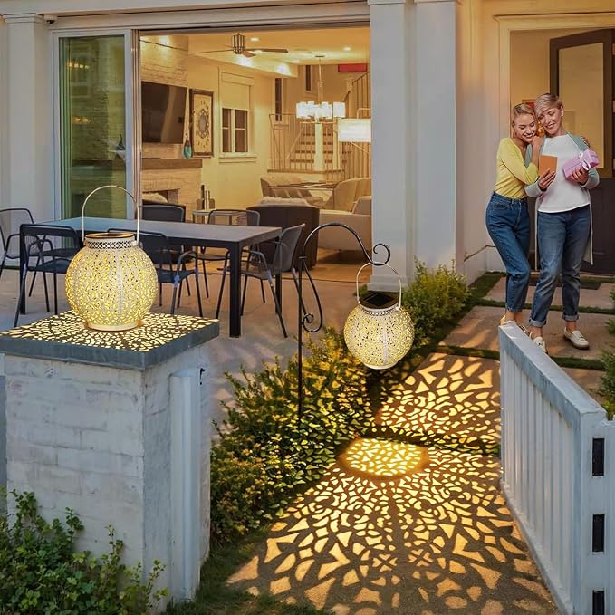 2 Packs White Solar Lanterns Outdoor Waterproof Garden Laterns Metal Retro Lights for Mothers Gifts Mom Wife Grandma Birthday Gifts (White Set of 2)