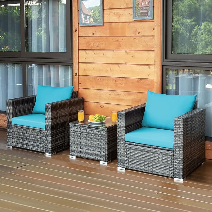 MARURY 3 PC Patio Rattan Furniture Bistro Set Outdoor Furniture Modern Conversation Set with Loveseat and Coffee Table, for Porch, Garden, Balcony