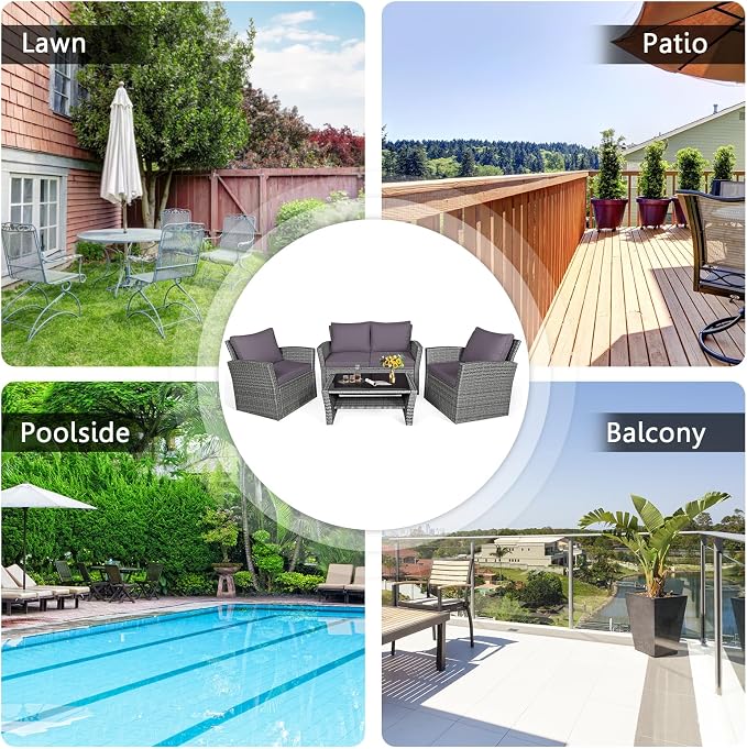 HAPPYGRILL 4PCS Patio Rattan Furniture Set Outdoor Conversation Set with Cushions and Coffee Table, Sectional Wicker Sofa Set for Garden Porch Balcony Poolside