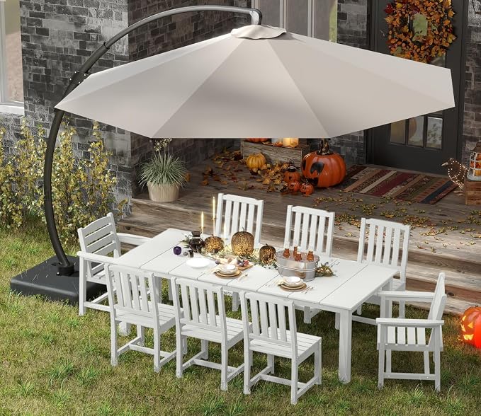 9-Piece Outdoor Dining Set with 11FT Umbrella for 8,White | 75.2'' HDPE table, chairs included, weather-resistant furniture with hole, ideal for lawn, poolside, yard, garden, deck