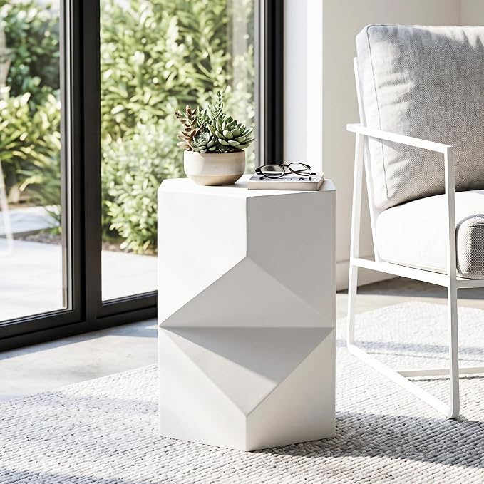 SUNBURY Outdoor Side Table, 18" Hexagon End Table Gloss Finish w Geometric Pedestal, Patio Concrete Accent Table Modular Design Decor, Lightweight Garden Stools for Balcony, Porch, Living Room, White