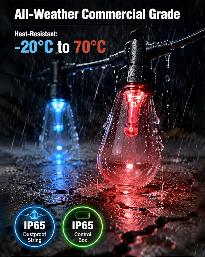 50FT RGBW Outdoor String Lights 24V Dimmable Patio | IP65 Waterproof, 200+ Dynamic Modes, Music Sync, App & Remote Control, Zip Ties Included, Weatherproof -4°F to 158°F