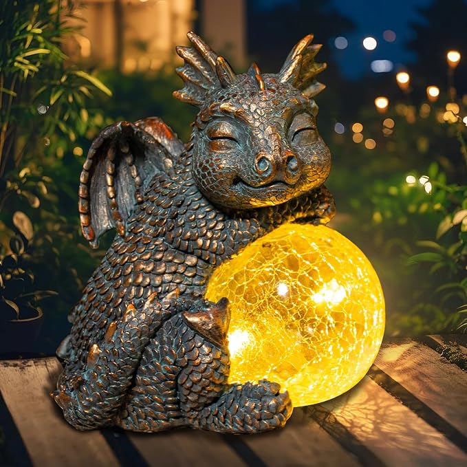 Solar Dragon Garden Statue, Dragon Solar Lights with Crackled Glass Globe | Solar Dragon Statue with Glowing Light, Fantasy Outdoor Decor for Garden, Patio, Yard, Fairy Ggarden and Dragon Lovers Gifts