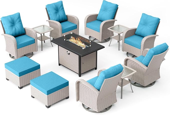12-Piece Patio Furniture Set, Outdoor Swivel Rocking Chairs Set with 55,000 BTU Fire Pit Table,All Weather Conversation Set for Porch Poolside Balcony