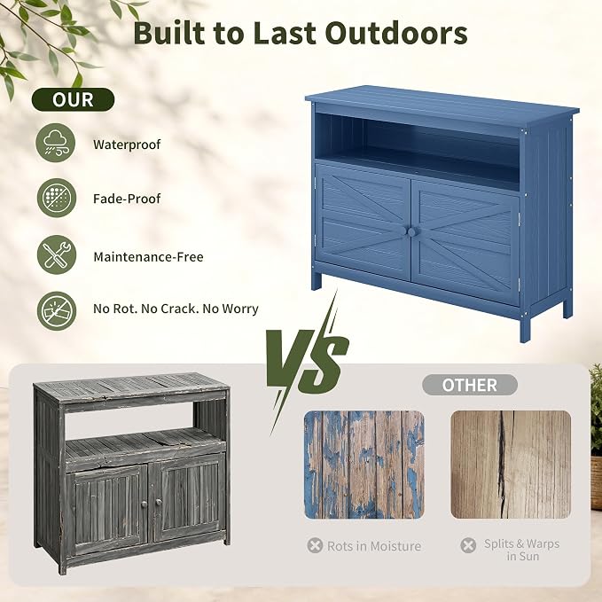 HIPS All-Weather Outdoor Storage Cabinet,Outdoor Sideboard with Magnetic Doors,3-Shelves Patio Storage Cabinet, Used for Garden,Buffet Cabinet,TV Stand, Bar Table,Balcony