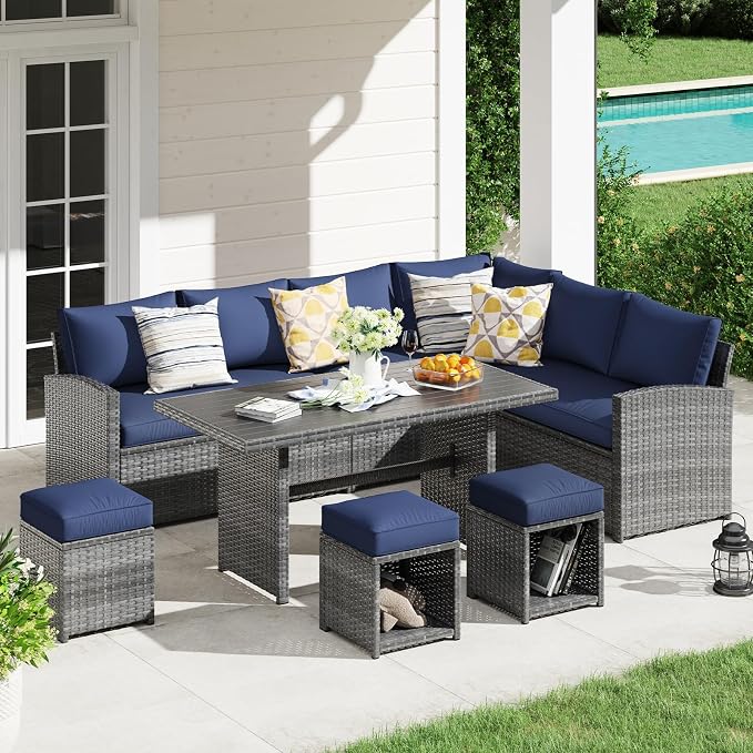 JOIVI 7 Piece Outdoor Patio Furniture Set, Patio Conversation Set with Aluminum Top Dining Table, Rattan Dining Sectional Sofa Set with Ottomans for Deck, Backyard, Navy Blue