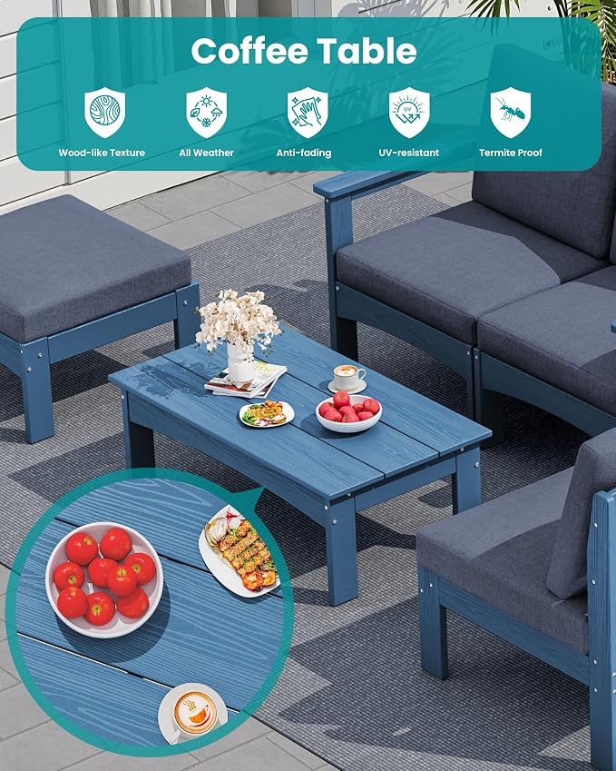 SERWALL HDPE Patio Sofa Set, 3 Pieces Conversation Set, All-Weather Outdoor Couch Sectional Sofas with Removable Cushions and Coffee Table for Deck, Garden, Poolside, Blue Frame with Grey Cushion