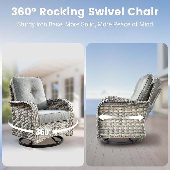 8-Piece Wicker Outdoor Sectional Furniture with Firepit Table, Wide Armrest Patio Couch Set Swivel Rocking Chair Ottoman, Modern Modular Conversation Sets for Backyard Deck Garden, Dark Gray