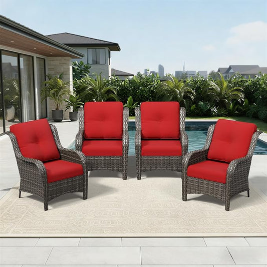 Joyside 4 Piece Wicker Patio Furniture Set, Rattan Patio Chairs with High Back, Deep Seating, Wide Armrest, Thickened Cushions, Outdoor Furniture for Deck, Porch Use