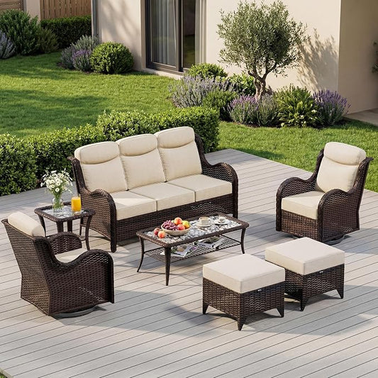 7 Pieces Outdoor Patio Furniture Set with 5" Thick Cushions, Weather-Resistant Wicker High Back Swivel Rocker Chairs, Patio Conversation Set for Outside Porch Deck Garden，Beige
